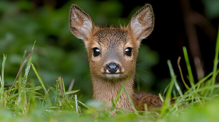 Wall Mural - Fawn hiding in grass, forest background, wildlife photo