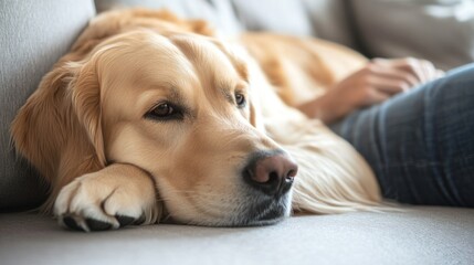 Dog Curled Up Next to Owner on Couch Relaxing Together