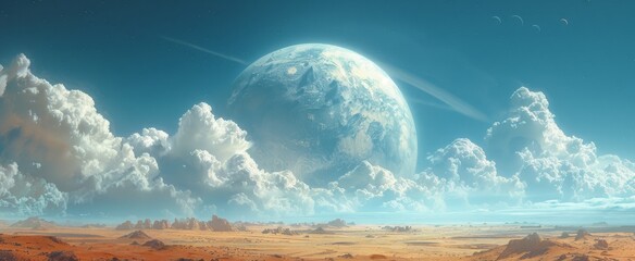 Wall Mural - a vast desert landscape under a bright blue sky with a large planet and fluffy clouds.