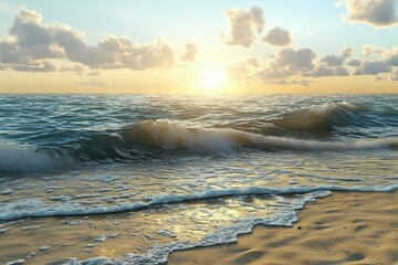 Wall Mural - Sunrise over tranquil ocean waves at sandy beach