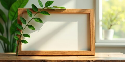 Poster - A simple wooden frame rests on a sunlit table, adorned with a vibrant green vine, creating a serene and minimalist scene