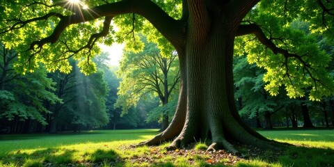 Poster - Majestic Ancient Tree Basking in Sunlight, Lush Green Foliage Creates Serene Park Setting