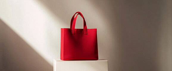 Poster - A red tote bag displayed on a beige pedestal with soft lighting, emphasizing its clean and minimalist design, perfect for retail, fashion, or product display concepts.