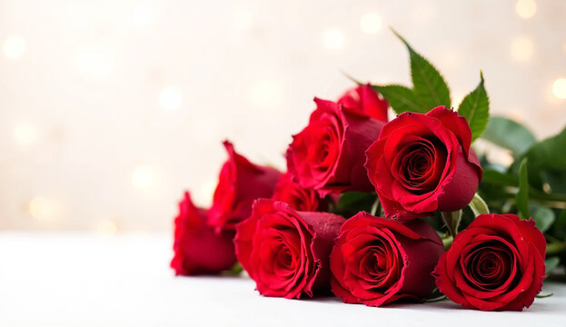 Red roses bouquet on bokeh background