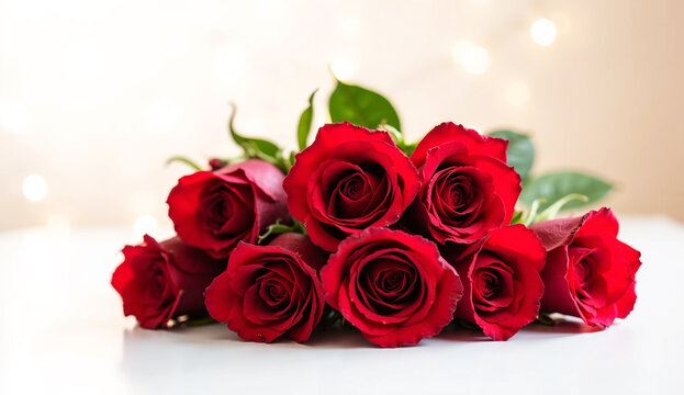 Red roses bouquet on bokeh background