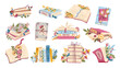 © Victoria Sergeeva - Open and closed paper cartoon books and literature stacks with flowers set. Funny old literature for reading. Reader club, festival mascots, cartoon cute floral bouquets with books vector illustration
