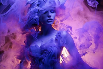 Poster - Dynamic portrayal of a girl inhaling smoke with an abstract blurred background for movement