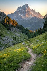 Wall Mural - Scenic mountain pathway surrounded by lush greenery and flowers