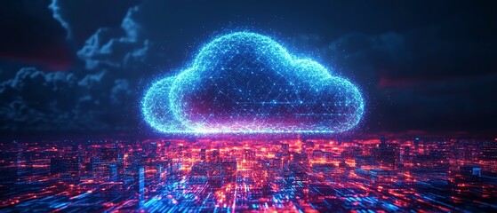 Poster - Cloud service hologram with file transfer and synchronization sign, glowing over a cityscape of skyscrapers, representing secure digital networks and innovation