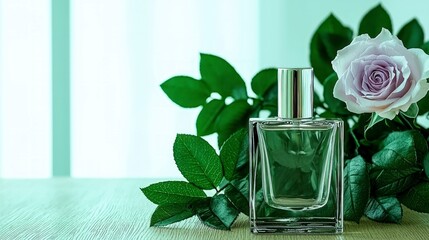 Canvas Print - Glass Perfume Bottle with Rose and Green Leaves on a Light Wooden Table