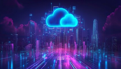 Poster - Cloud service hologram with file transfer and synchronization sign, glowing over a cityscape of skyscrapers, representing secure digital networks and innovation