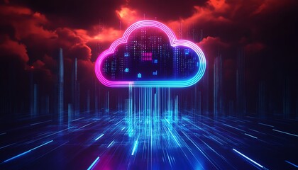 Poster - Cloud service hologram with file transfer and synchronization sign, glowing over a cityscape of skyscrapers, representing secure digital networks and innovation