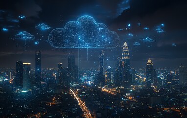 Poster - Cloud storage icons floating above Bangkok skyline with illuminated skyscrapers at night, representing secure online data networks, modern tech aesthetics