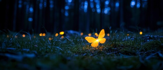 Wall Mural - Glowing Butterfly in Dark Forest at Night