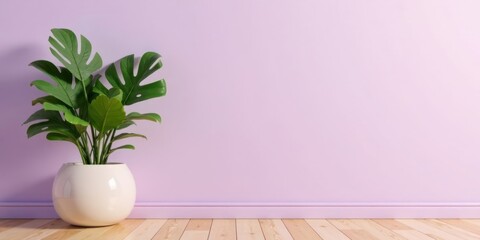 Poster - A vibrant green plant in a minimalist white pot rests against a lavender wall, creating a serene and simple interior design scene.