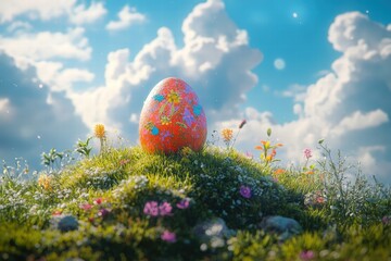 egg sitting atop a small hill of lush grass, dotted with miniature plants and flowers