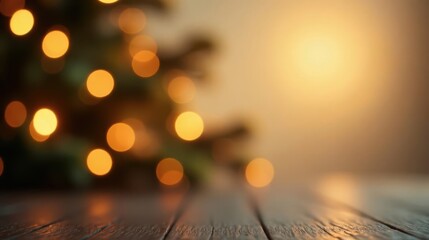 Poster - Warm Festive Glow on Rustic Wooden Surface with Out-of-Focus Illuminated Evergreen Branches