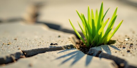 Aufkleber - A tiny ant traverses a cracked paving stone, while a vibrant, resilient sprout pushes through the fissure, symbolizing nature's tenacious spirit and the beauty of unexpected growth.