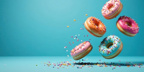 Poster - Sweet Treats in Motion Colorful Donuts Falling Against a Vibrant Blue Background