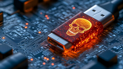 Poster - Infected USB drive on circuit board; cybersecurity risk