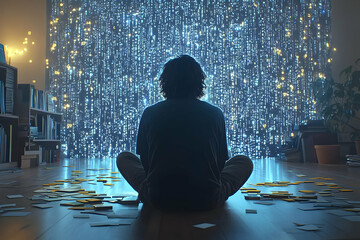 person meditating, data stream, home office, future tech