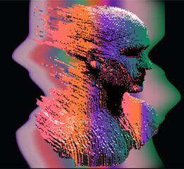Aufkleber - Vector illustration with a pixelated, glitch effect showcases a stylized human face in purple and orange tones. Digital distortions and vibrant streaks of color enhance its futuristic aesthetic.