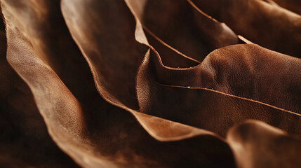Poster - Close-up view of brown leather with smooth, wavy texture, showcasing the detailed texture and pattern of luxury leather material.