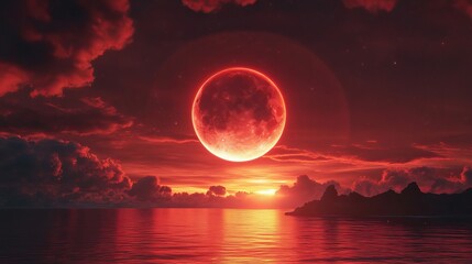 Wall Mural - paradise heaven . red sunset and moon . ramadan background . half moon and star . beautiful star . s