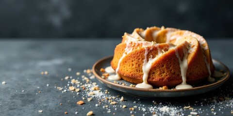 Poster - Delicious Homemade Glazed Bundt Cake with Nut Topping on a Grey Plate