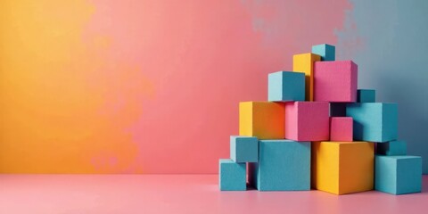 Poster - Colorful Cube Arrangement Against a Pastel Background Featuring a Gradient of Orange and Pink Hues