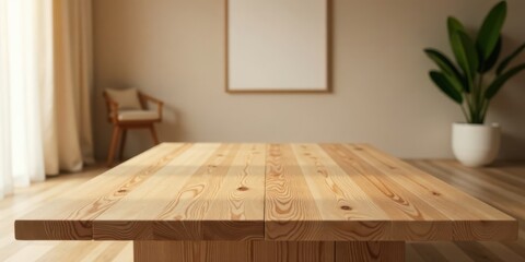 Poster - Light Wood Tabletop in a Minimalist Room Setting with Natural Light and a Simple Chair