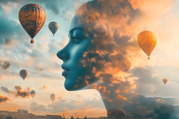 Poster - Dreamy Silhouette of a Woman Surrounded by Colorful Hot Air Balloons