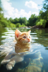 Fototapete - A playful kitten swimming in clear water, surrounded by natural beauty and sunlight, symbolizing innocence, joy, and exploration in a peaceful, outdoor setting.
