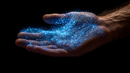 Poster - Man's hand holding glowing data; dark background