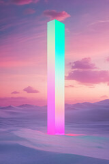 Poster - A colorful reflective prism standing in the sand of a surreal desert landscape, surrounded by soft pastel skies, symbolizing modernity, contrast, and a futuristic, abstract environment.