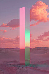 Poster - A glowing vertical prism with iridescent colors standing in a surreal desert landscape with soft clouds in the sky, symbolizing futuristic design, contrast, and abstract minimalism.