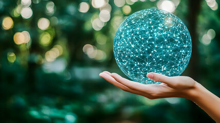 Poster - Woman's hand holding digital globe in park
