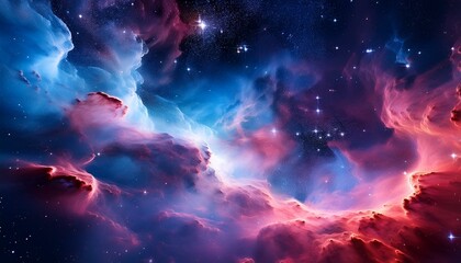 stunning deep space view of vibrant nebulae in shades of blue pink and red surrounded by twinkling stars perfect for cosmic exploration themes or astronomy backgrounds