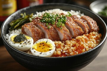 Wall Mural - Delicious Japanese Pork Cutlet Rice Bowl With Egg And Caviar