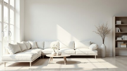 Poster - Serene Minimalist Living Room Interior Design with a Modern Sectional Sofa and Light Wood Bookshelf