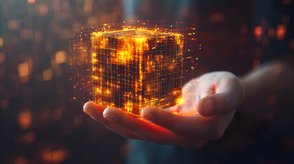 Poster - Person holding glowing data cube, futuristic background, technology concept