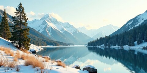 Aufkleber - Serene Winter Landscape Majestic snow-capped mountains reflected in a tranquil lake, framed by evergreen trees and a dusting of snow on the shoreline.
