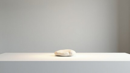 Poster - A solitary, smooth, off-white stone rests on a minimalist, bright white platform against a neutral backdrop
