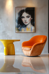 Aufkleber - A modern orange armchair with a yellow table and a vibrant portrait on the wall, reflecting a stylish and artistic living space with a focus on contemporary decor.