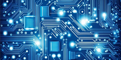 Poster - Blue Printed Circuit Board Background, Technology Abstract, Electronic Motherboard Pattern.