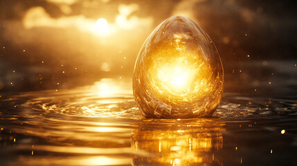 Aufkleber - A glowing egg-shaped object floating in water during a sunset, radiating golden light, symbolizing mystery, energy, and the power of transformation in a surreal environment.