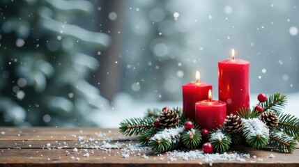 Poster - Scenic Winter Holiday Still Life Featuring Three Burning Red Candles Adorned with Evergreen Branches and Pinecones, Sprinkled with Fresh Snow on a Rustic Wooden Surface