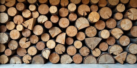 Poster - A Stack of Rustic, Circular Wood Logs, Neatly Arranged for a Natural Wall