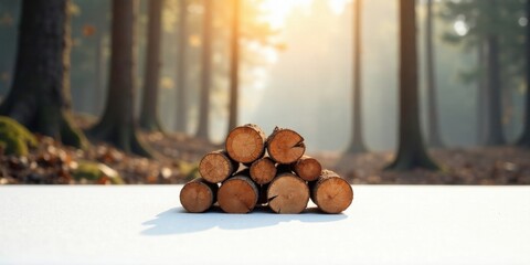 Aufkleber - A serene autumnal forest scene featuring a neatly stacked pile of wood logs, bathed in the soft glow of the morning sun, rests on a pristine white surface.