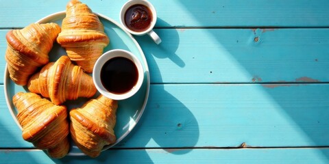 Poster - Sunny Morning Delight Buttery Croissants and Aromatic Coffee on a Turquoise Table